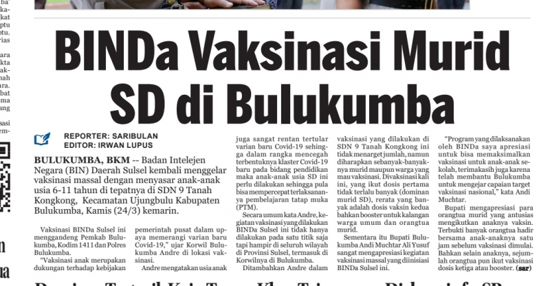 BINDa Vaksinasi Murid  SD di Bulukumba